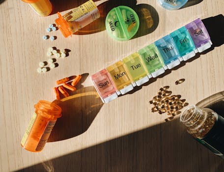 pexels-photo-27241051-27241051 Colorful pill organizer with medication bottles and tablets on a wooden surface.